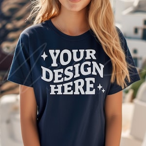 Team Navy T-Shirt Mock-up, Bella Canvas 3001 Team Navy T-shirt Mocks, Casual Wear Navy Blue T-Shirt Mockup Template, Lifestyle Model Mock