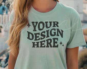 Mint Color T-Shirt Mock-up, Bella Canvas 3001 Mint T-shirt Mocks, BC3001, Mint T-Shirt Mockup Template, Lifestyle Model Mock, POD Tee