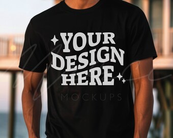 Male Model Black T-shirt Mockup, Gildan 5000, Crewneck Mockup, Lifestyle Men's Black Shirt mock up, POD mockup, Unisex Black Tee