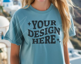 Turquoise Color T-Shirt Mock-up, Bella Canvas 3001 Teal T-shirt Mocks, BC3001, turquoise T-Shirt Mockup Template, Lifestyle Model Mock