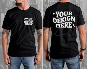 May include: A black t-shirt with a white design on the front and back. The design says "YOUR DESIGN HERE" with stars on either side.