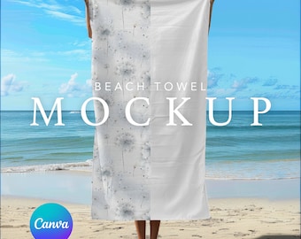 Plantilla de maqueta de toalla de playa 30x60, superposición de Canva y PSD PNG de arrastrar y soltar, maqueta de toalla de baño de algodón horizontal, sublimación de tinte