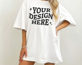 White T-Shirt Mockup, Gildan 5000 White Tee Mock-up, Simple Neutral Studio Model Shirt Mockup, Oversized Boyfriend Fit Model Mockup