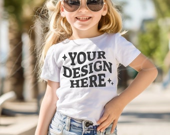 Youth White Tshirt Mockup, Gildan G500B White T-shirt Mock-up, Toddler Girl Model Outdoor Mock up, Child Lifestyle Blank Tee Mockup Template