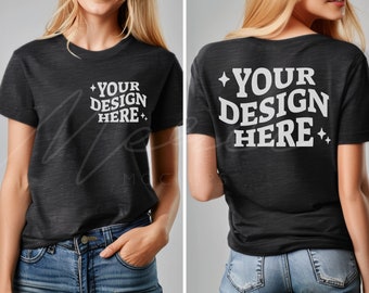Dark Gray Heather T-Shirt Mockup, Front and Back, Bella Canvas 3001 Dark Heather Gray, Dual View Dark Gray Heather Mockup, Split Mockups