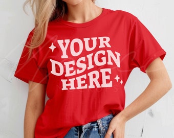 Rotes Tshirt Mockup, Bella Canvas 3001 Rotes T-shirt Mock-up, Lifestyle Boho Modell Mocks,