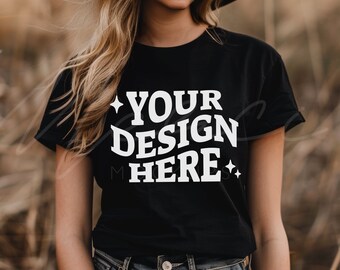 Black T-shirt Mock-up, Bella Canvas 3001 Blank Unisex Tee Mocks, Women's Halloween Crew Neck T-Shirt, Autumn Lifestyle Boho Model Mockup