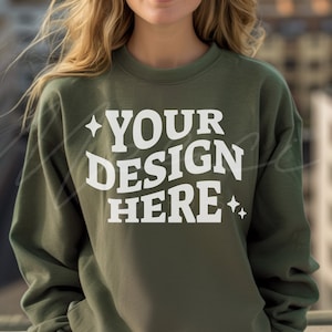 Military Green Sweatshirt Mockup, Gildan 18000 Military Green, Crew neck  Mockup, Military Green Sweat shirt, Professional Lifestyle Photo