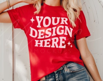 Rotes Tshirt Mockup, Bella Canvas 3001 Rotes T-shirt Mock-up, Lifestyle Boho Modell Mocks,