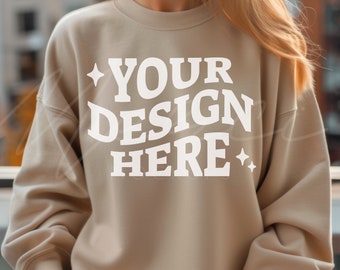 Sand Color Sweatshirt Mockup, Gildan 18000 Sand Crew neck Mockup, Lifestyle Boho Model Simple Styled Sand Sweat Shirt Mock-up Photo
