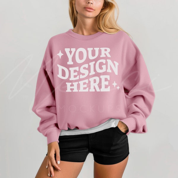 Light Pink Sweatshirt Mockup, Gildan 18000 Light Pink, Adult Sweatshirt Model Mock-up, Blank Light Pink Model Mocks, G180 Unisex Sweatshirt