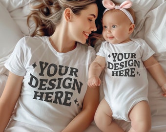 Maquette maman et moi, maquette de t-shirt de famille blanc, maquette de famille maman enfants, t-shirt blanc Bella en toile 3001, maquettes de grenouillère maman et bébé