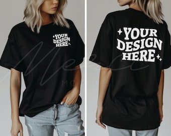 Pode incluir: Camiseta preta oversized com texto branco que diz "YOUR DESIGN HERE" na frente e atrás.