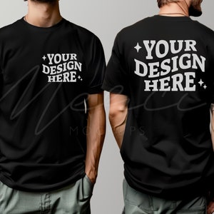 Mockup zwart T-shirt, voor- en achterkant, mannelijk model Bella Canvas 3001 zwart, zwart T-shirt met dubbele weergave, mockup 3001 voor- en achteraanzicht
