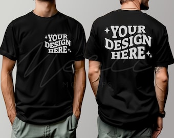 Black T-Shirt Mockup, Front and Back, Male Model Bella Canvas 3001 Black, Dual View Black Tee Mockup, 3001 Front and Back View Mock-up