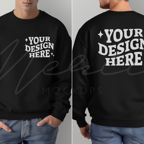 Male Model Front and Back Black Sweatshirt Mockup, Gildan 18000 Black Crewneck, POD mockup, Blank Unisex Sweatshirt, Men's Shirts Mocks