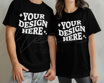 Black T-Shirt Couple Mockup, Men and Women Model Mocks, Gildan 5000, Oversized Heavy Cotton Black Blank Tee Mockup, Multiple Shirts Mockup