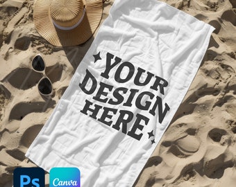 30&quot;x60&quot; Beach Towel Mockup Template, Drag & Drop Canva PNG Overlay, PSD Smart Object, Vertical Flat-lay Bath Towel Mock-up, Dye sublimation