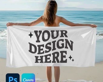 Plantilla de maqueta de toalla de playa de 36"x72", superposición PNG de Canva de arrastrar y soltar, objeto inteligente PSD, maqueta de toalla de baño de algodón horizontal, sublimación de tinte