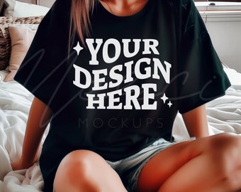 Oversized Black T-shirt Mock-up, Comfort Colors C1717 Blank Unisex Tee Mock-up, Soft Women's Crew Neck T-Shirt, Lifestyle Model Mockup
