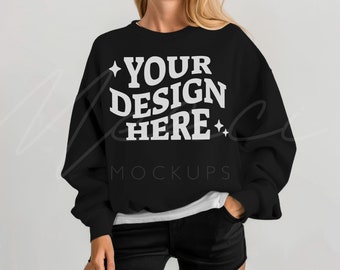 Black Sweatshirt Mockup, Gildan 18000 Black, Adult Unisex Mock-up, Blank Black Sweatshirt, G180 Unisex Crew Neck Sweatshirt Model Mock