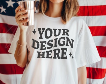 White Tshirt Mockup, Bella Canvas 3001 white T-shirt Mock-up, 4th of July Lifestyle Happy Model Mocks, Independence day, Festive Patriotic