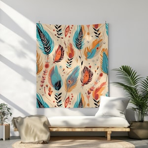 May include: A tapestry featuring a colorful pattern of stylized feathers in shades of blue, orange, red, and yellow on a cream background.