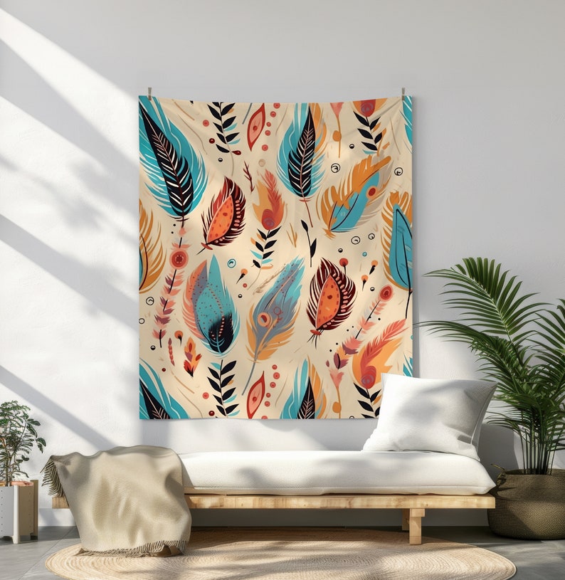 May include: A tapestry featuring a colorful pattern of stylized feathers in shades of blue, orange, red, and yellow on a cream background.