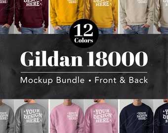 Gildan 18000 Front and Back View Mockup Bundle, Male Model Crew Neck Sweatshirt Back, Collection of Men Sweatshirts Mockups