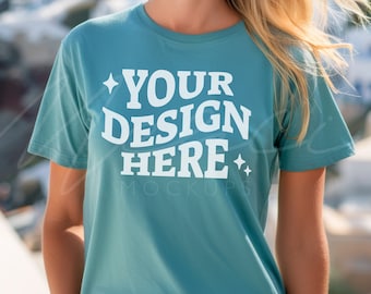 Turquoise Color T-Shirt Mock-up, Bella Canvas 3001 Teal T-shirt Mocks, BC3001, turquoise T-Shirt Mockup Template, Lifestyle Model Mock