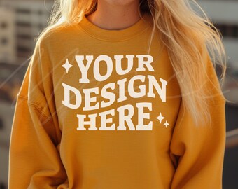 Gold Sweatshirt Mockup, Gildan 18000 Gold, Yellow Crew neck Mockup, Yellow Sweat shirt, Professional Lifestyle Photo Mock-up, Boho Model