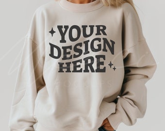 Sand Sweatshirt Mockup, Gildan 18000, Crew neck Mockup, Female Neutral Sand Hoodie Mock, Sand shirt, Professional Studio Photo Mockup