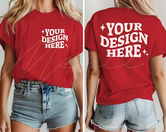 Red T-Shirt Mockup, Front and Back, Gildan 5000 Red, Dual View Light Pink Mockup, G500, Front Back Split View Mockup Bundle, Red Gildan Mock