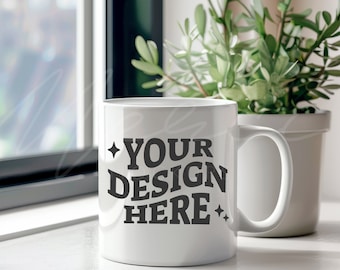 Maqueta de taza, maqueta de taza de café con leche de 11 oz, fotografía de stock con estilo, simulacros de taza de cerámica de vaina en blanco, foto de estilo de vida profesional con planta