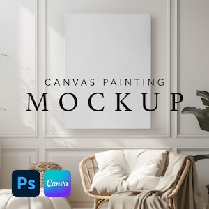Vertikales Leinwand Wandkunst Mockup, 18 '' x 24 '' Boho Wohnzimmer Wandkunst Bearbeitbare Leinwand Mockup Vorlage, PSD Smart Objekt & Canva PNG