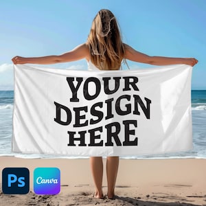 36"x72" Beach Towel Mockup Template, Drag & Drop Canva PNG Overlay, PSD Smart Object, Horizontal Cotton Bath Towel Mock-up, Dye sublimation