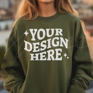 Military Green Sweatshirt Mockup, Gildan 18000 Military Green, Crew neck  Mockup, Military Green Sweat shirt, Professional Lifestyle Photo