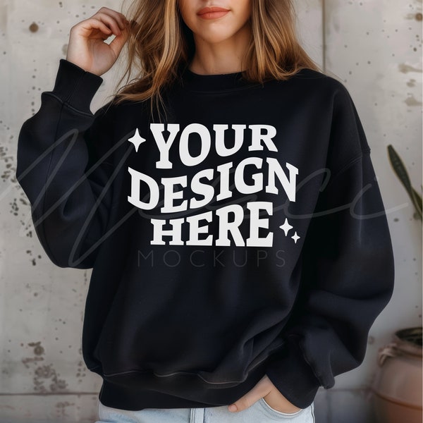 Black Oversized Sweatshirt Mockup, Gildan 18000, Model Mock-up, Blank Sweatshirt, G180 Unisex, Crew Neck Boho Lifestyle Model Image Template