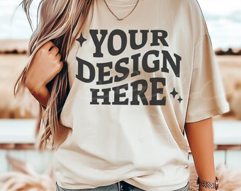 Bella Canvas 3001 Sand Color T-Shirt Mockup, Heavy Cotton Sand Tee Mockup, Gildan 5000 Model Shirt Mockup, Oversized Fit Model Mockup