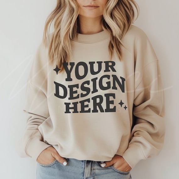 Sand Sweatshirt Mockup, Gildan 18000, Crew neck Mockup, Female Neutral Sand Hoodie Mock, Sand shirt, Professional Studio Photo Mockup