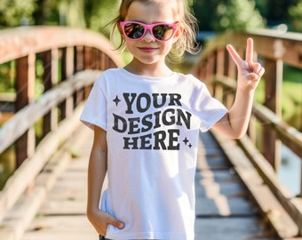 Youth White Tshirt Mockup, Gildan G500B White T-shirt Mock-up, Toddler Girl Model Outdoor Mock up, Child Lifestyle Blank Tee Mockup Template