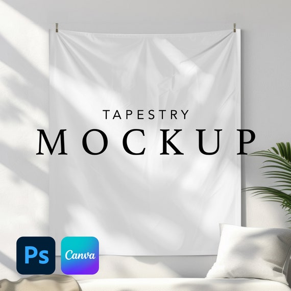 Tapestry Mockup, 50''x60'' Living Room Wall Decor, Editable Tapestry Mock-up Template, Smart Object PSD and Canva PNG Drag and Drop Mock up
