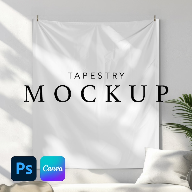 May include: White tapestry mockup hanging on a white wall with the text "TAPESTRY MOCKUP" printed on it. The tapestry is draped over a white couch with a white pillow.