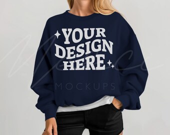 Navy Sweatshirt Mockup, Gildan 18000 Navy, Adult Unisex Heavy Blend, Model Mock-up, Blank Dark Blue Sweatshirt, G180 Unisex Crew Neck