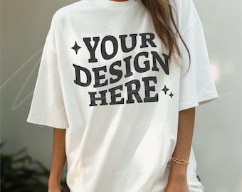 White T-Shirt Mockup, Gildan 5000 White Tee Mock-up, Simple Neutral Lifestyle Model Shirt Mockup, Oversized Boyfriend Fit Model Mockup