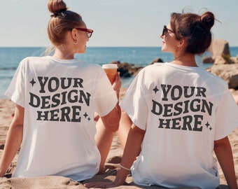 White Matching T-shirt Back Mock-up, Bella Canvas White Blank Mocks, Couple Friends bachelorette T-Shirt, Lifestyle Model Beach Mockup