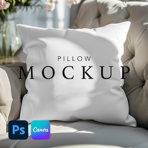 Maqueta de almohada, almohada cuadrada de poliéster hilado en toda la impresión, maqueta de almohada boho, arrastrar y soltar Canva, plantilla de maqueta de objeto inteligente PSD