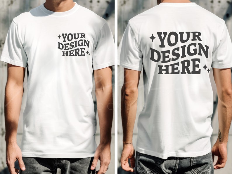 Pode incluir: Uma camiseta branca de manga curta e gola redonda. A frente da camiseta tem o texto "YOUR DESIGN HERE" impresso em preto. As costas da camiseta t&ecirc;m o mesmo texto impresso em preto.