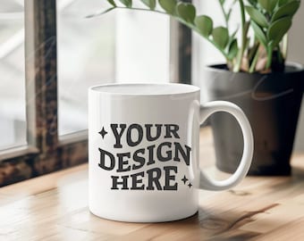 Maqueta de taza, maqueta de taza de café con leche de 11 oz, fotografía de stock con estilo, simulacros de taza de cerámica de vaina en blanco, foto de estilo de vida profesional con planta