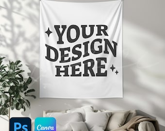 Tapestry Mockup, 68" x 80" Wall Decor for Boho Living Room Tapestry, Editable Tapestry Mock-up Template, Smart Object PSD and Canva PNG Mock